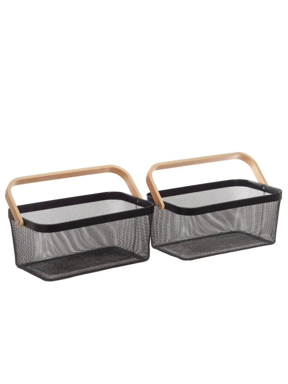 Edifice Black Mesh Wire Storage Baskets Wooden Handle 2 Pack